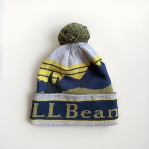 NWT L.L. Bean KATAHDIN Pom Graphic Hat Beanie Gray Blue Green Mts &‎ Trees